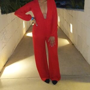 Blue Blush, Red Deep V Long Sleeve Jumpsuit - M